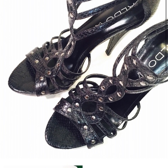 ALDO Black Snakeskin Leather Open Toe Platform Heels Size 9 - Picture 2 of 3